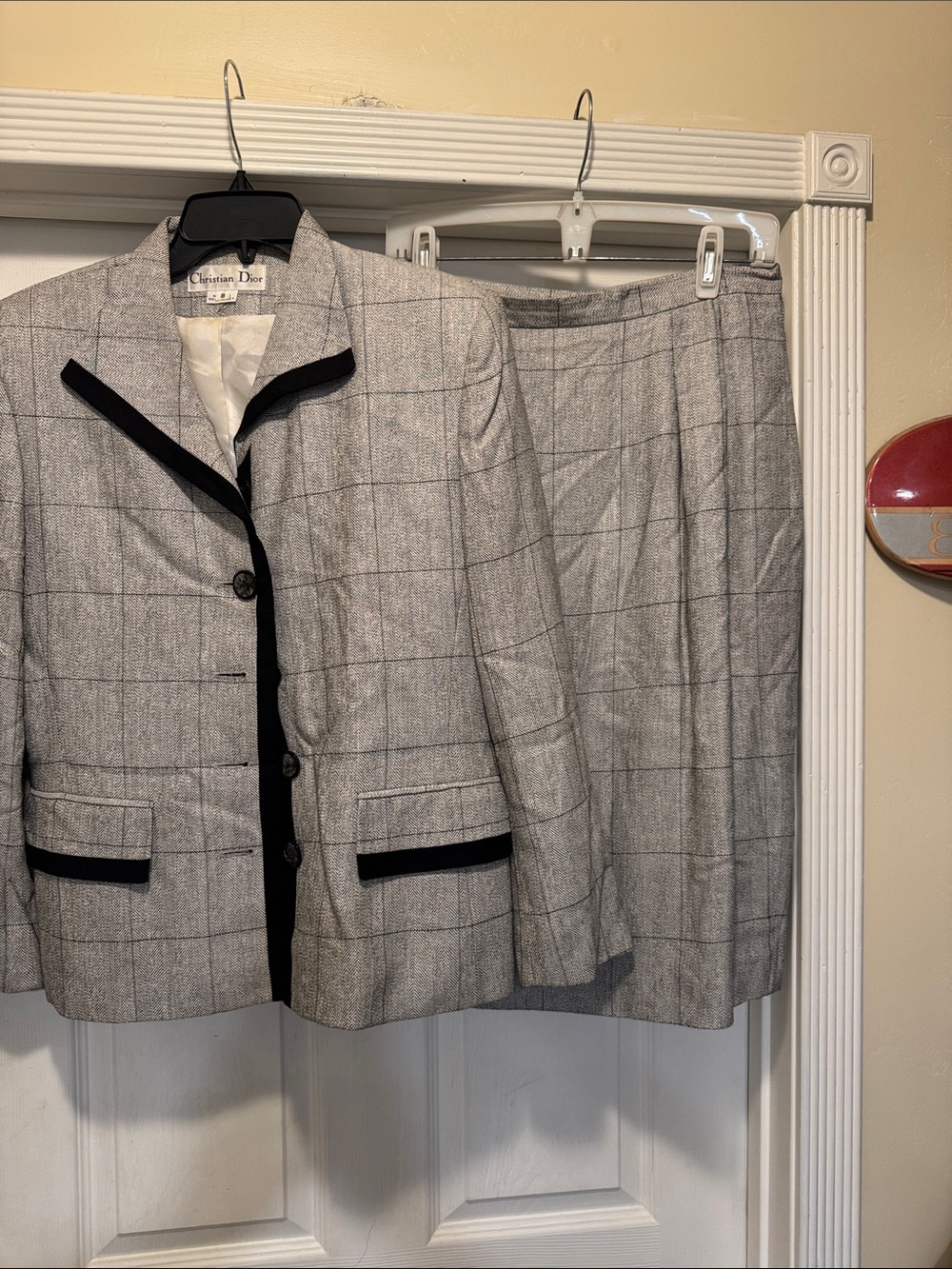 Vintage Dior Gray Windowpane Suit with Black Trim Jacket & Skirt
